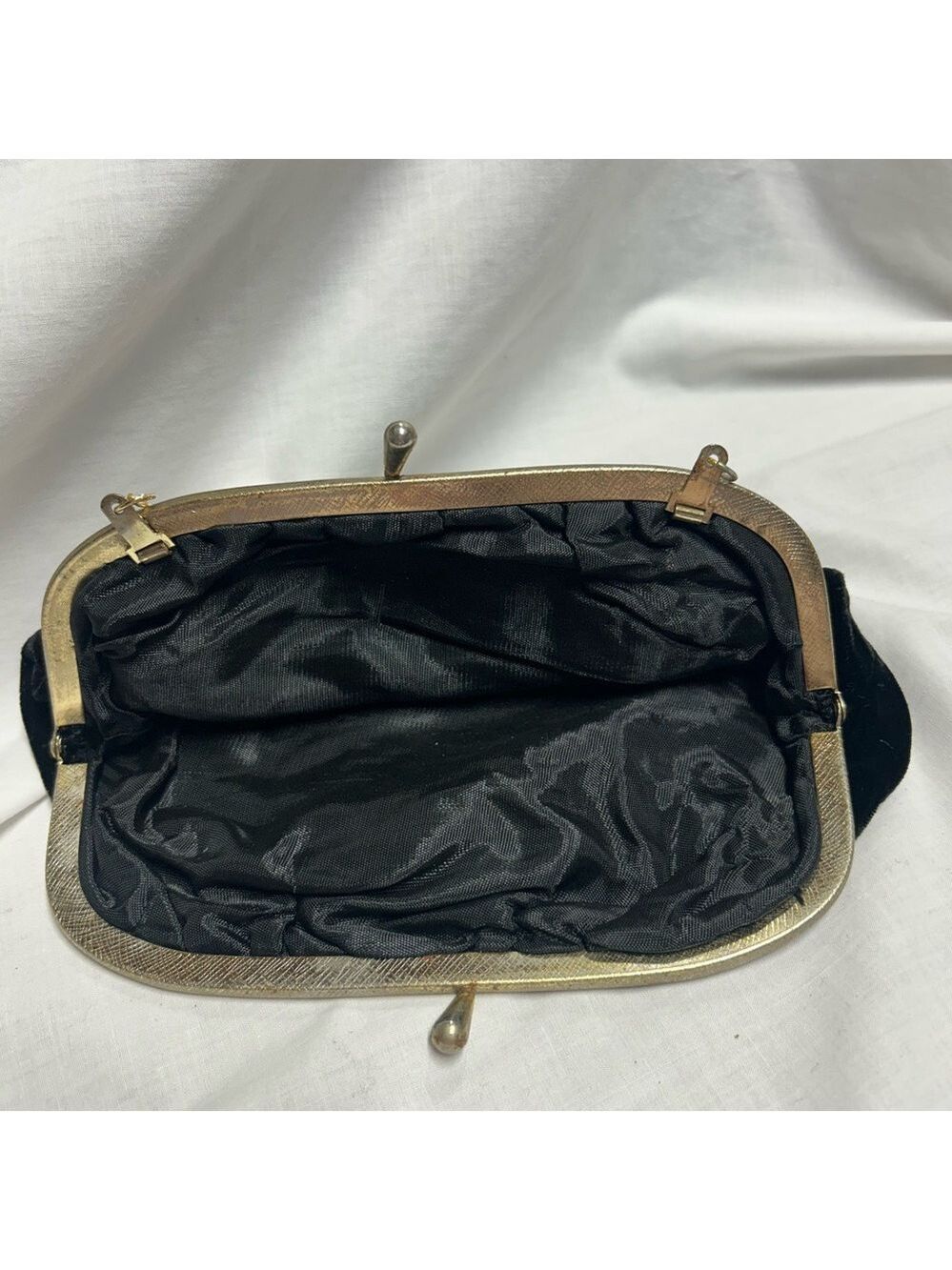 Vintage Black Velvet Purse Gold Color Strap 1960s Evening Bag - Picture 6 of 10